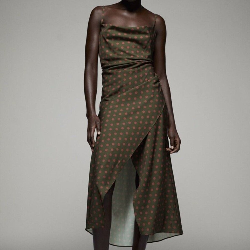 ZARA / Green Pink Polka Dot Midi Dress